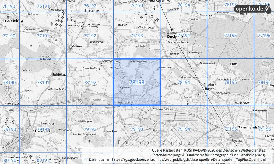 Übersichtskarte des KOSTRA-DWD-2020-Rasterfeldes Nr. 78193