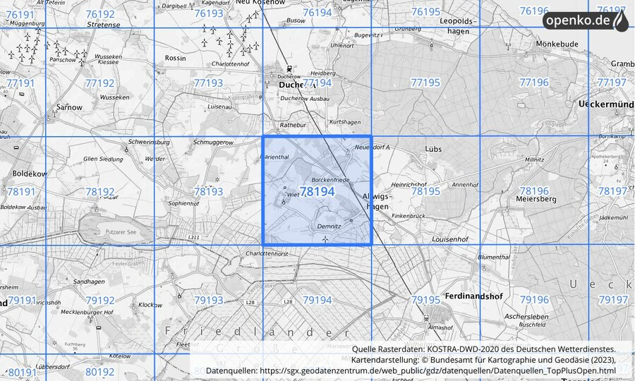 Übersichtskarte des KOSTRA-DWD-2020-Rasterfeldes Nr. 78194