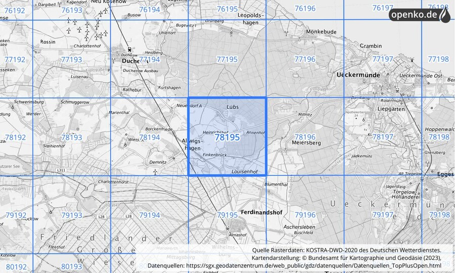 Übersichtskarte des KOSTRA-DWD-2020-Rasterfeldes Nr. 78195