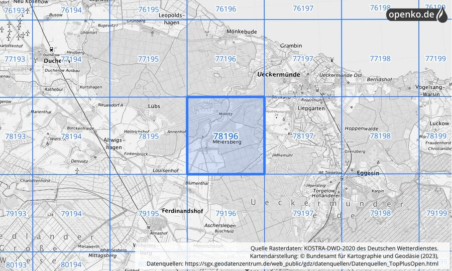 Übersichtskarte des KOSTRA-DWD-2020-Rasterfeldes Nr. 78196