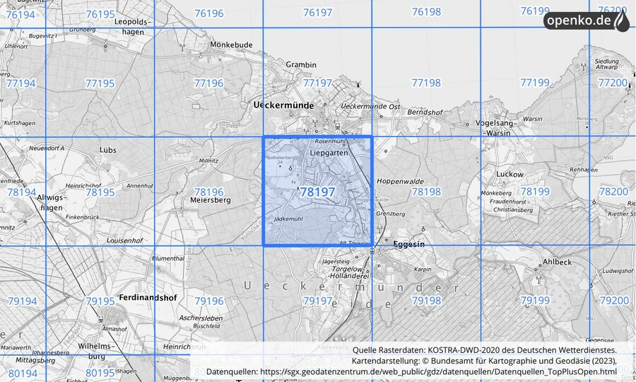 Übersichtskarte des KOSTRA-DWD-2020-Rasterfeldes Nr. 78197