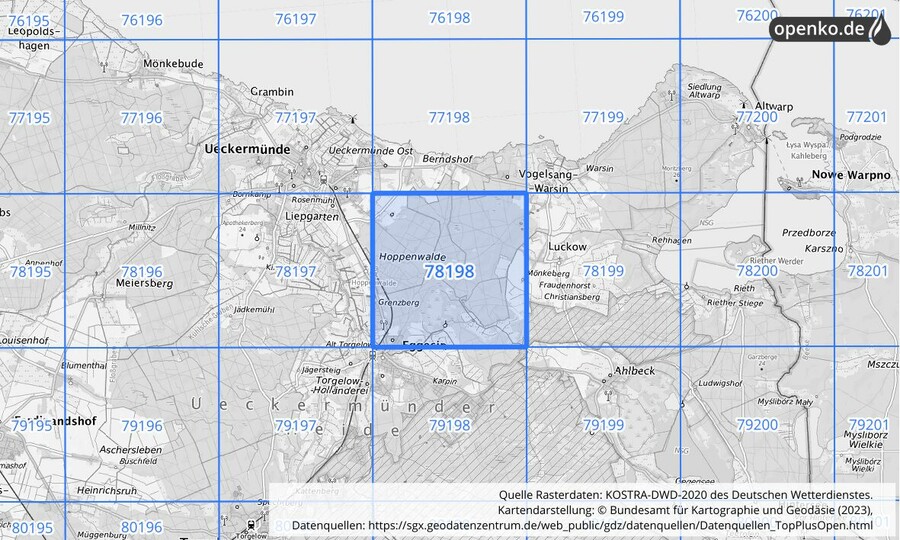 Übersichtskarte des KOSTRA-DWD-2020-Rasterfeldes Nr. 78198