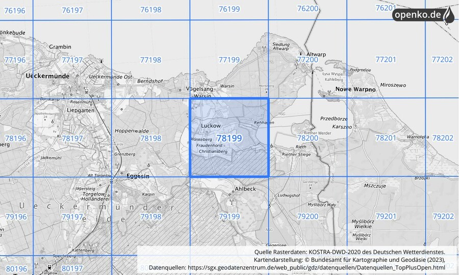 Übersichtskarte des KOSTRA-DWD-2020-Rasterfeldes Nr. 78199