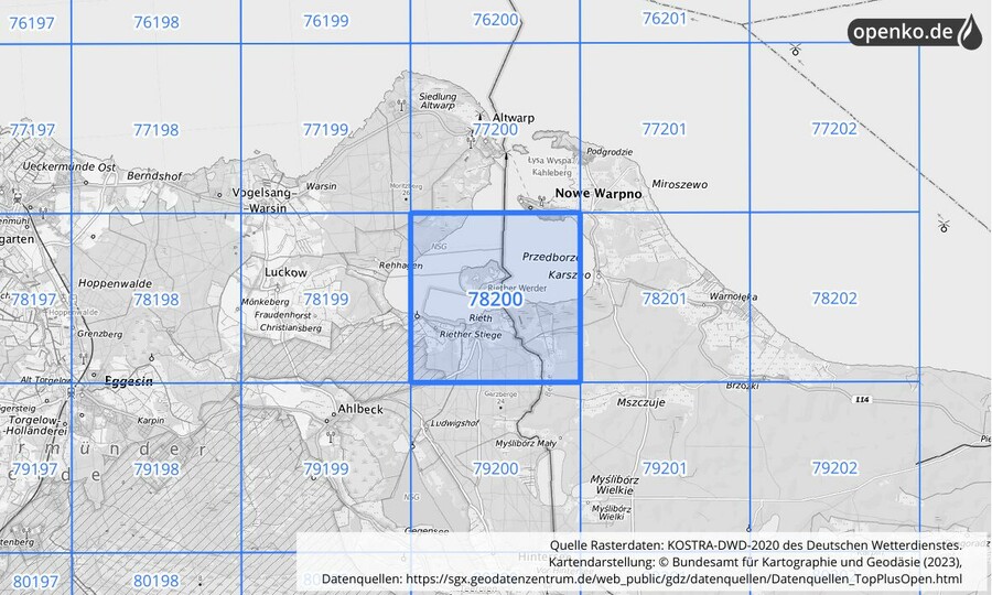 Übersichtskarte des KOSTRA-DWD-2020-Rasterfeldes Nr. 78200