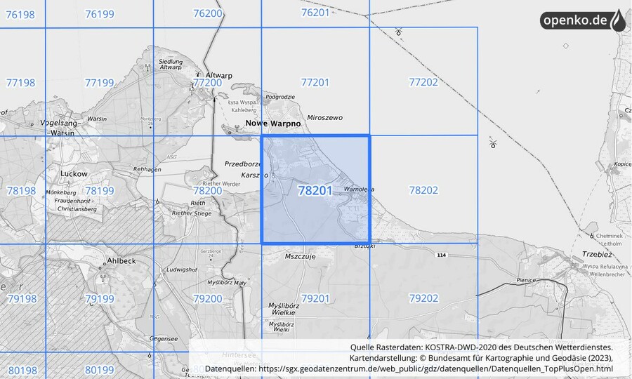 Übersichtskarte des KOSTRA-DWD-2020-Rasterfeldes Nr. 78201