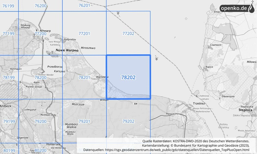 Übersichtskarte des KOSTRA-DWD-2020-Rasterfeldes Nr. 78202