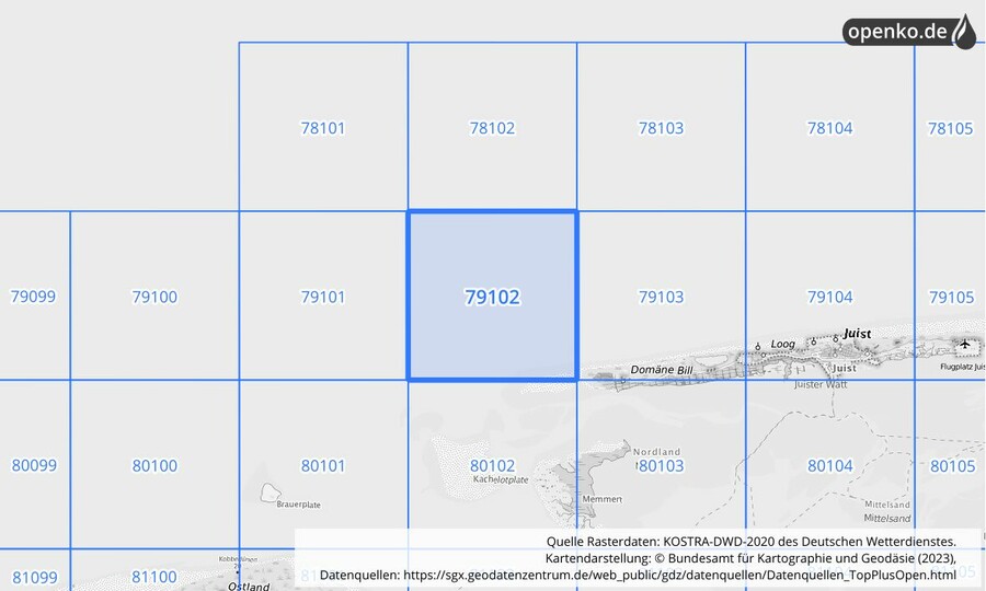 Übersichtskarte des KOSTRA-DWD-2020-Rasterfeldes Nr. 79102