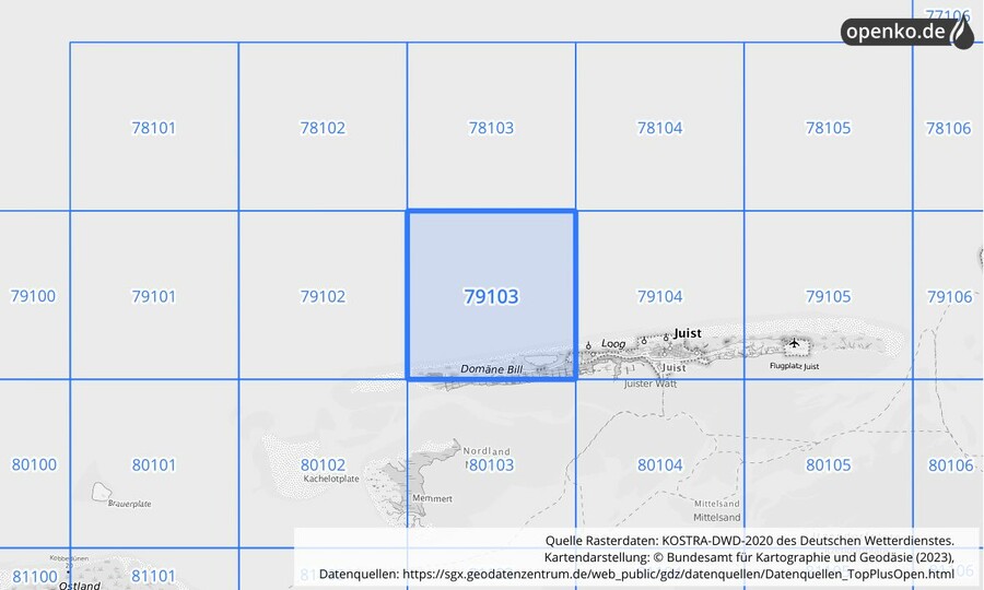 Übersichtskarte des KOSTRA-DWD-2020-Rasterfeldes Nr. 79103