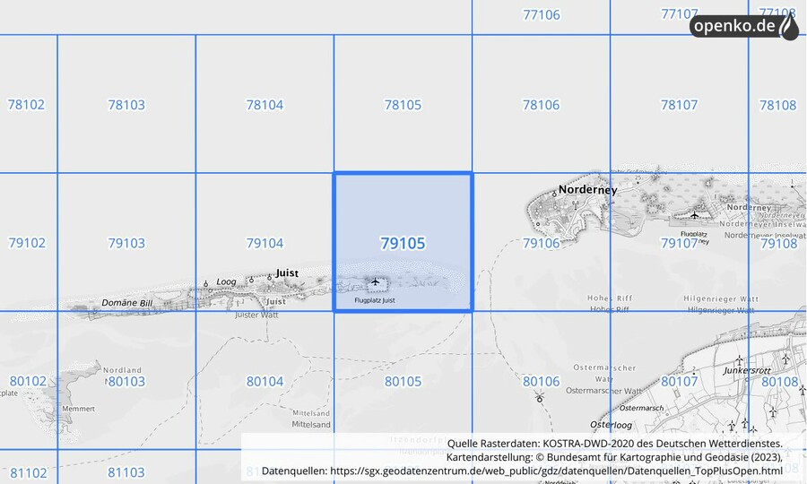 Übersichtskarte des KOSTRA-DWD-2020-Rasterfeldes Nr. 79105