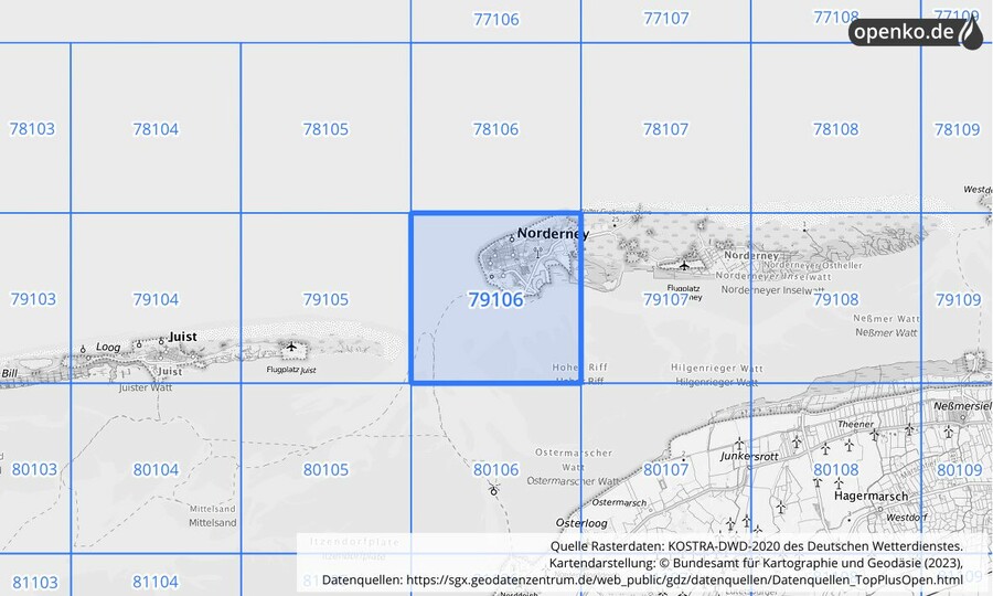 Übersichtskarte des KOSTRA-DWD-2020-Rasterfeldes Nr. 79106