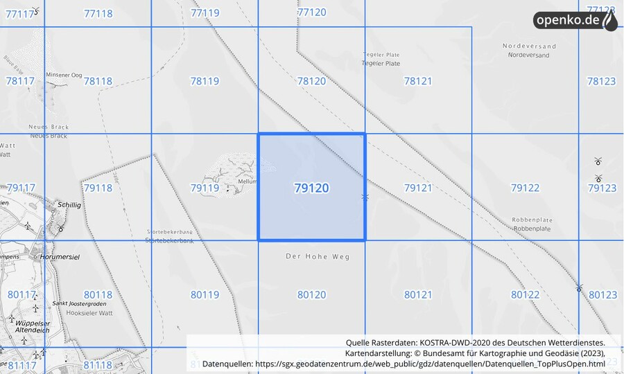 Übersichtskarte des KOSTRA-DWD-2020-Rasterfeldes Nr. 79120