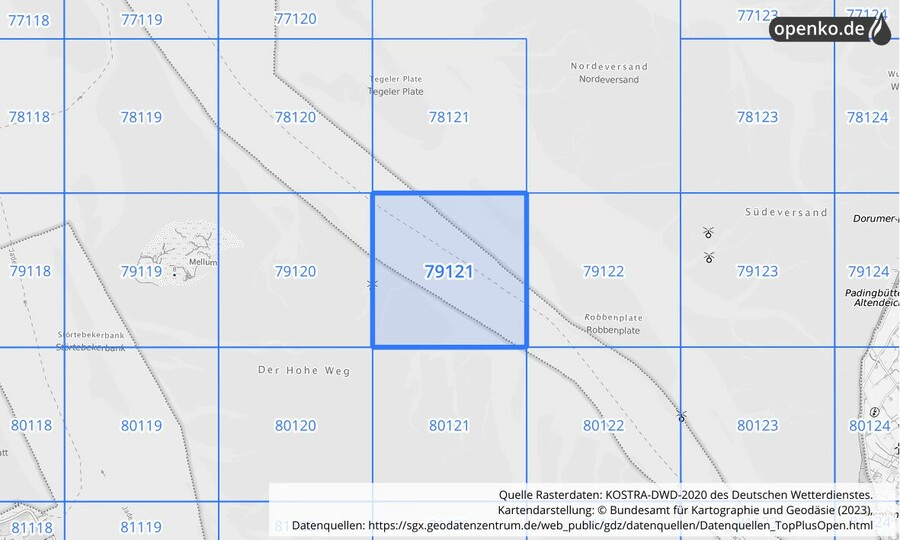 Übersichtskarte des KOSTRA-DWD-2020-Rasterfeldes Nr. 79121