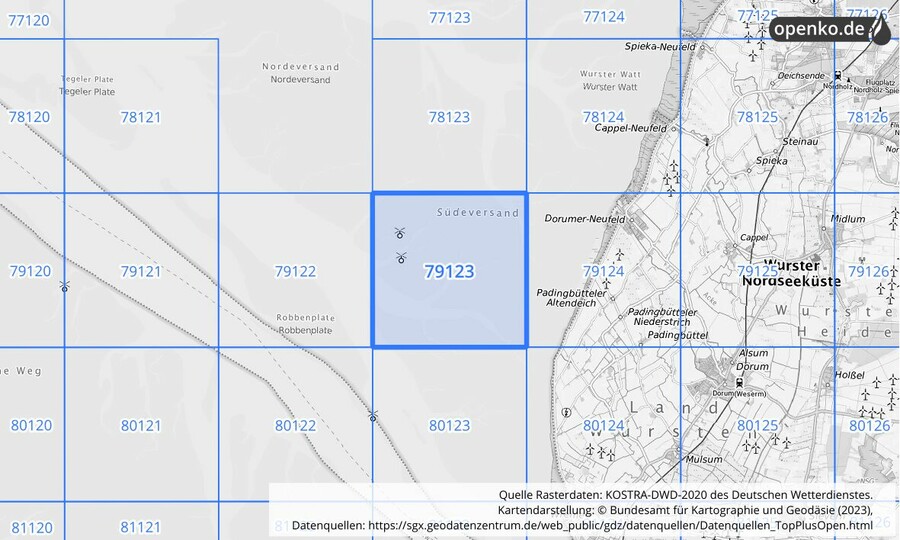 Übersichtskarte des KOSTRA-DWD-2020-Rasterfeldes Nr. 79123