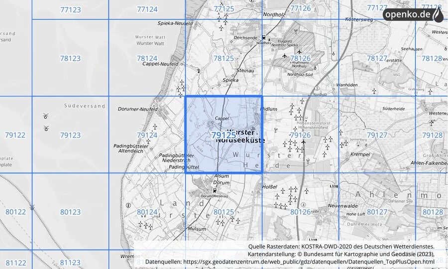 Übersichtskarte des KOSTRA-DWD-2020-Rasterfeldes Nr. 79125