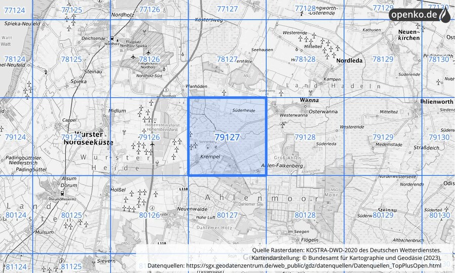 Übersichtskarte des KOSTRA-DWD-2020-Rasterfeldes Nr. 79127