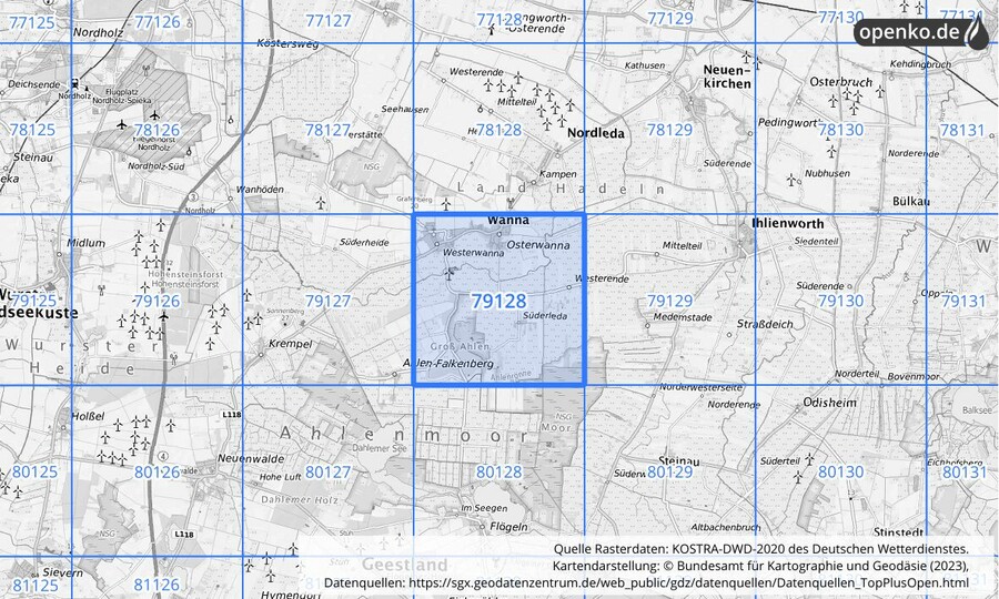 Übersichtskarte des KOSTRA-DWD-2020-Rasterfeldes Nr. 79128