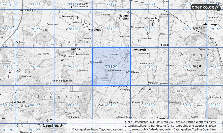 Übersichtskarte des KOSTRA-DWD-2020-Rasterfeldes Nr. 79129