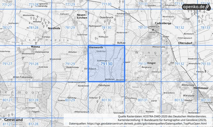Übersichtskarte des KOSTRA-DWD-2020-Rasterfeldes Nr. 79130