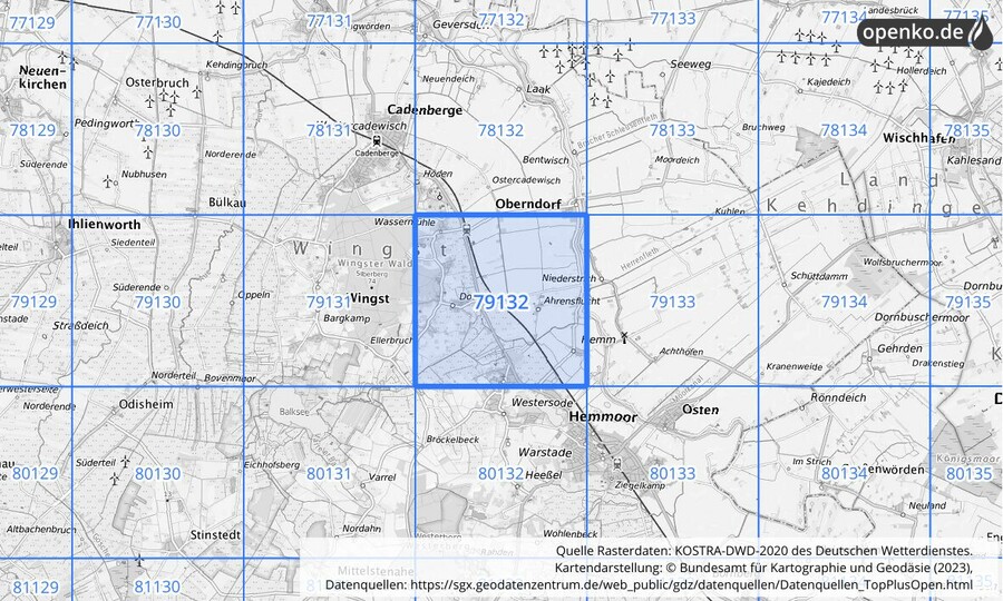 Übersichtskarte des KOSTRA-DWD-2020-Rasterfeldes Nr. 79132