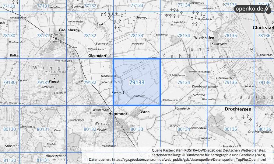 Übersichtskarte des KOSTRA-DWD-2020-Rasterfeldes Nr. 79133