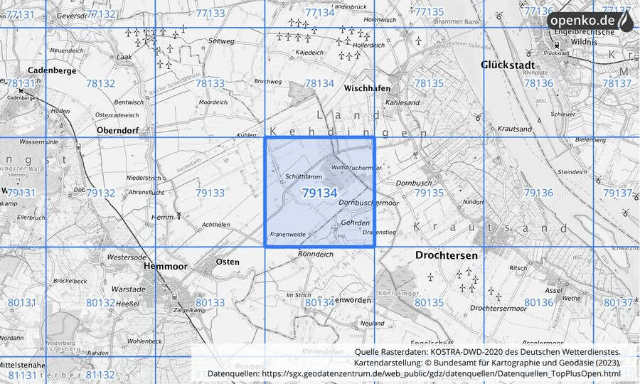 Übersichtskarte des KOSTRA-DWD-2020-Rasterfeldes Nr. 79134