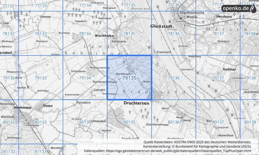 Übersichtskarte des KOSTRA-DWD-2020-Rasterfeldes Nr. 79135