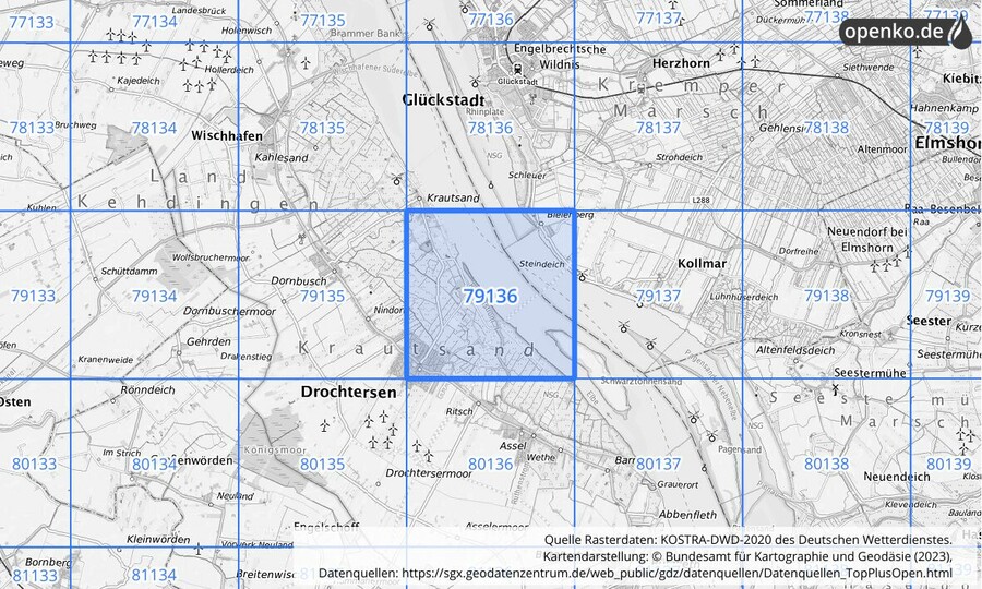 Übersichtskarte des KOSTRA-DWD-2020-Rasterfeldes Nr. 79136