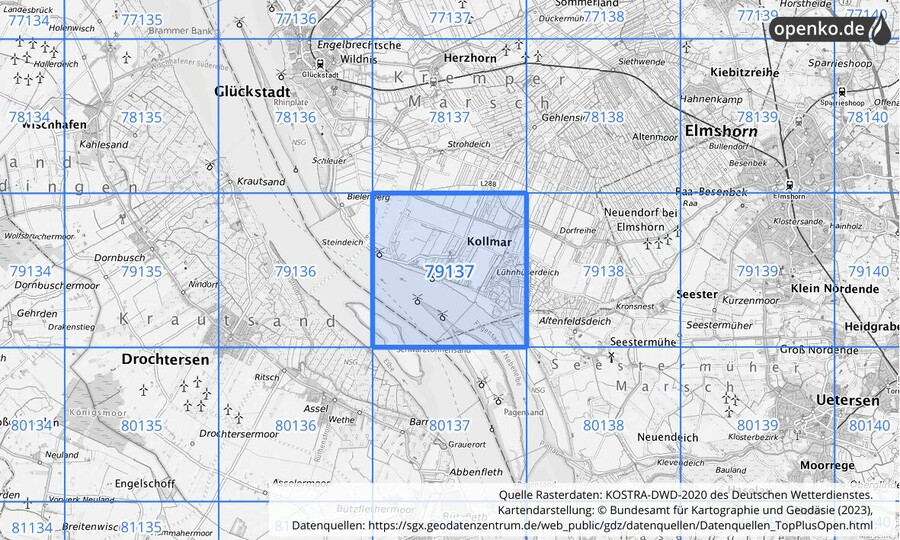 Übersichtskarte des KOSTRA-DWD-2020-Rasterfeldes Nr. 79137