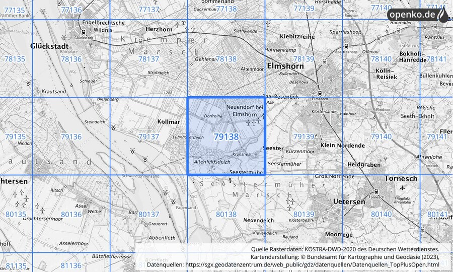 Übersichtskarte des KOSTRA-DWD-2020-Rasterfeldes Nr. 79138