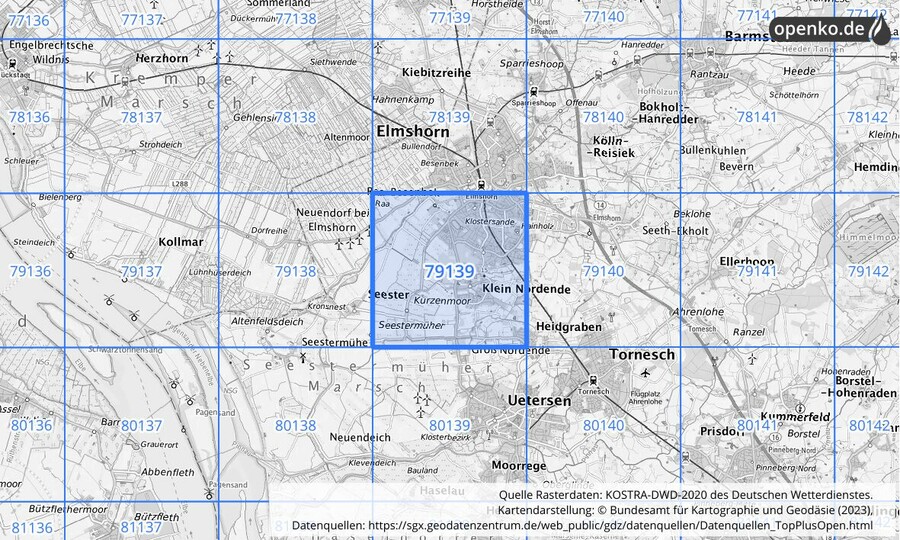 Übersichtskarte des KOSTRA-DWD-2020-Rasterfeldes Nr. 79139