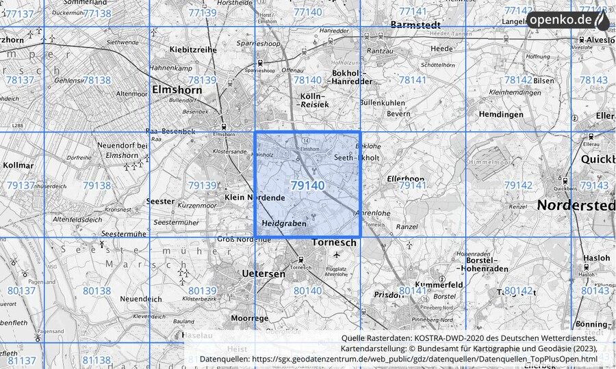 Übersichtskarte des KOSTRA-DWD-2020-Rasterfeldes Nr. 79140
