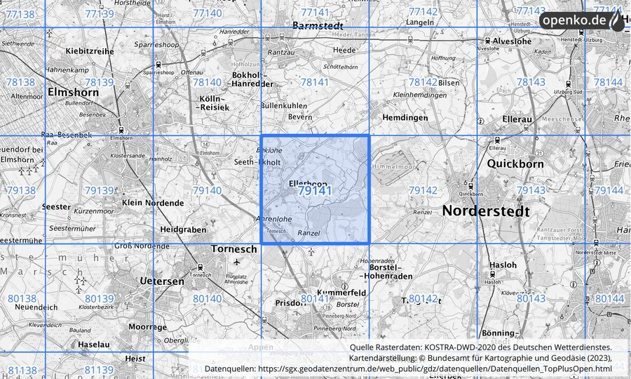 Übersichtskarte des KOSTRA-DWD-2020-Rasterfeldes Nr. 79141