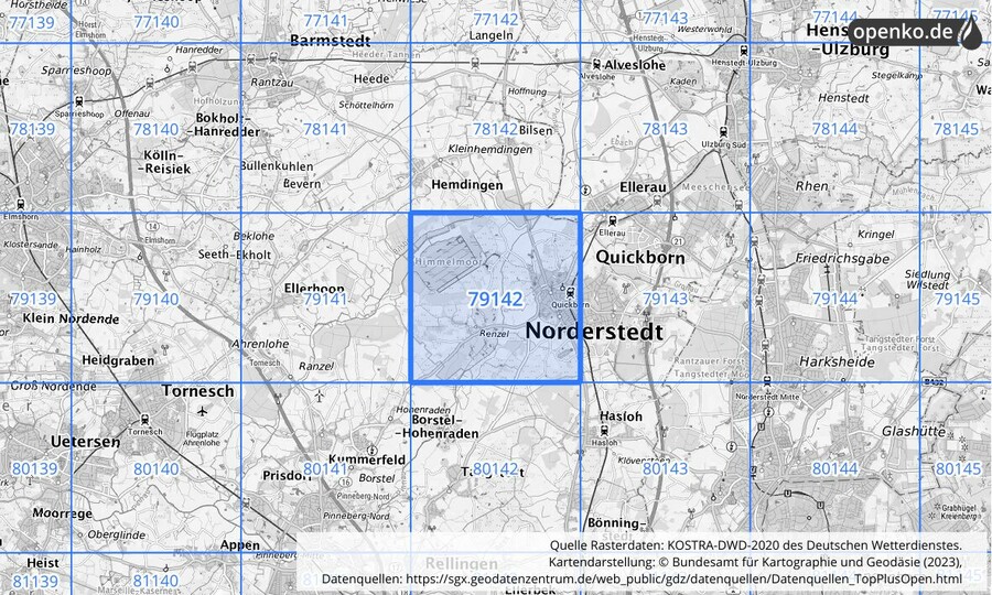 Übersichtskarte des KOSTRA-DWD-2020-Rasterfeldes Nr. 79142