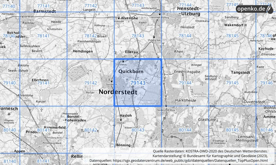 Übersichtskarte des KOSTRA-DWD-2020-Rasterfeldes Nr. 79143