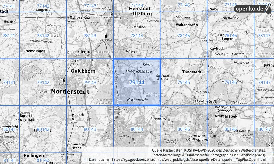Übersichtskarte des KOSTRA-DWD-2020-Rasterfeldes Nr. 79144