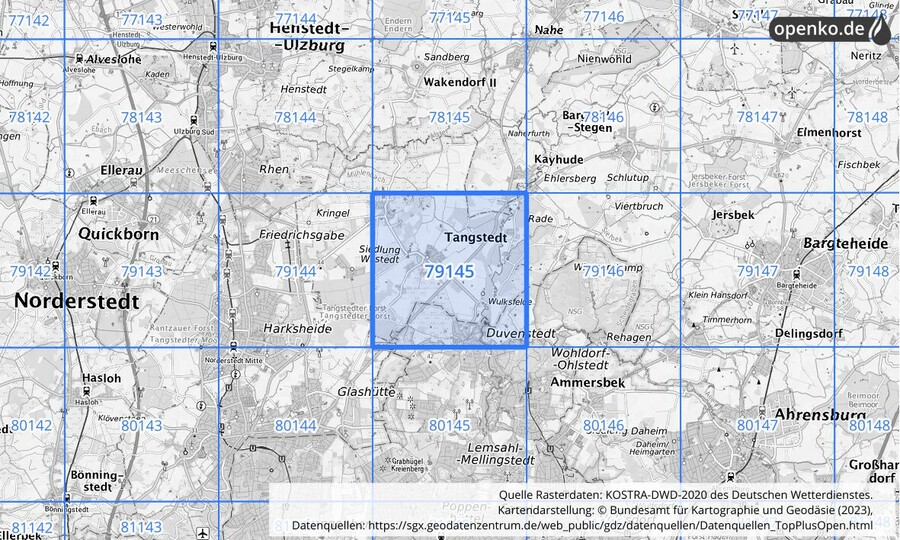 Übersichtskarte des KOSTRA-DWD-2020-Rasterfeldes Nr. 79145