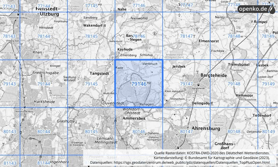 Übersichtskarte des KOSTRA-DWD-2020-Rasterfeldes Nr. 79146