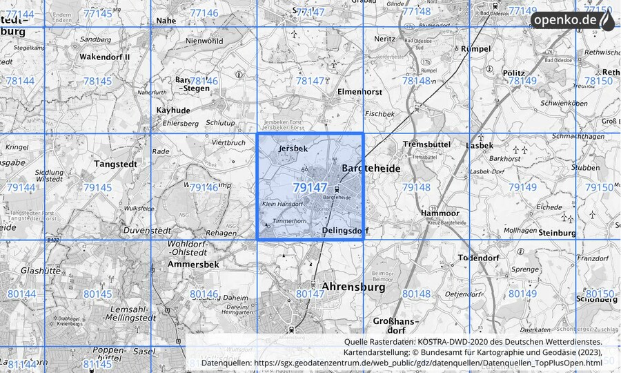 Übersichtskarte des KOSTRA-DWD-2020-Rasterfeldes Nr. 79147