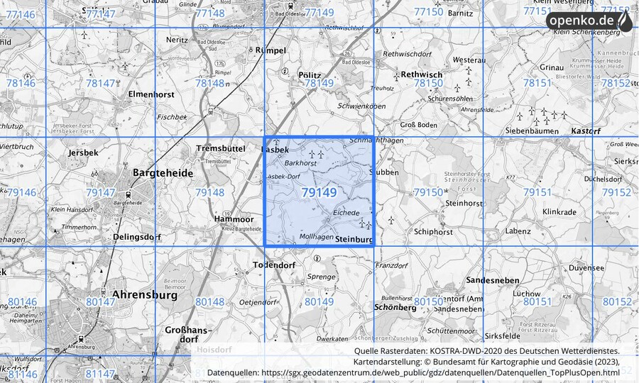 Übersichtskarte des KOSTRA-DWD-2020-Rasterfeldes Nr. 79149