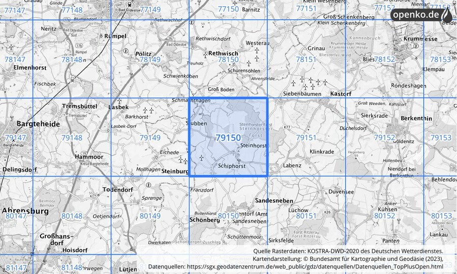 Übersichtskarte des KOSTRA-DWD-2020-Rasterfeldes Nr. 79150
