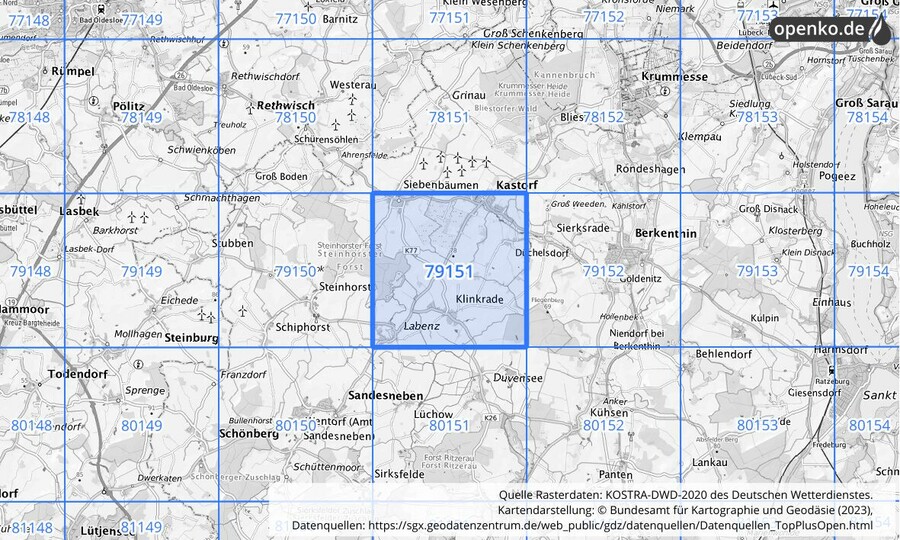 Übersichtskarte des KOSTRA-DWD-2020-Rasterfeldes Nr. 79151
