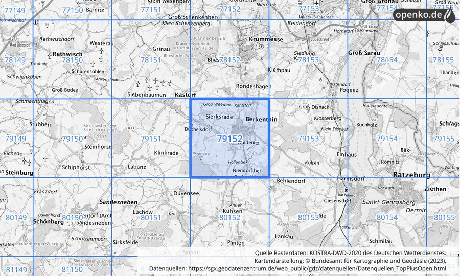 Übersichtskarte des KOSTRA-DWD-2020-Rasterfeldes Nr. 79152