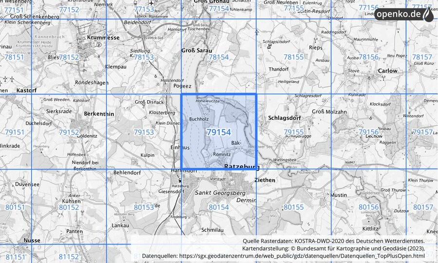 Übersichtskarte des KOSTRA-DWD-2020-Rasterfeldes Nr. 79154