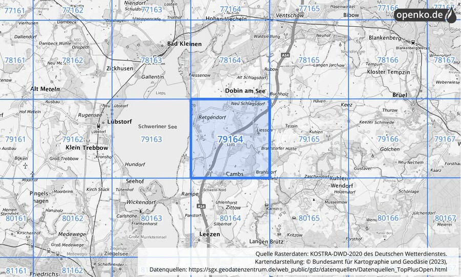 Übersichtskarte des KOSTRA-DWD-2020-Rasterfeldes Nr. 79164