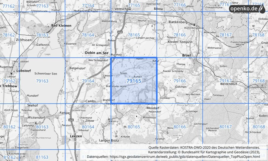 Übersichtskarte des KOSTRA-DWD-2020-Rasterfeldes Nr. 79165
