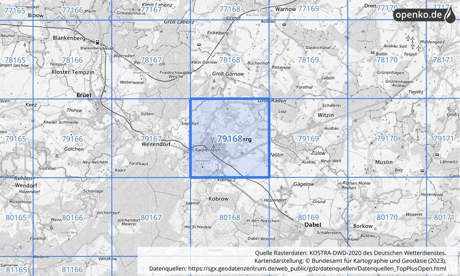 Übersichtskarte des KOSTRA-DWD-2020-Rasterfeldes Nr. 79168