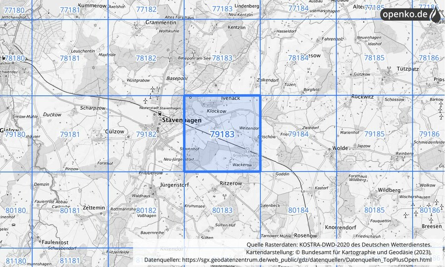 Übersichtskarte des KOSTRA-DWD-2020-Rasterfeldes Nr. 79183