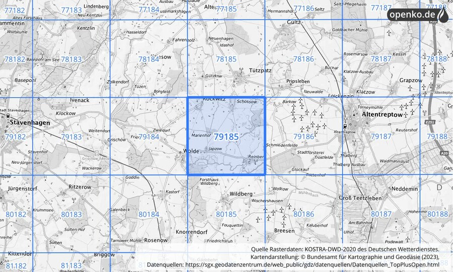Übersichtskarte des KOSTRA-DWD-2020-Rasterfeldes Nr. 79185