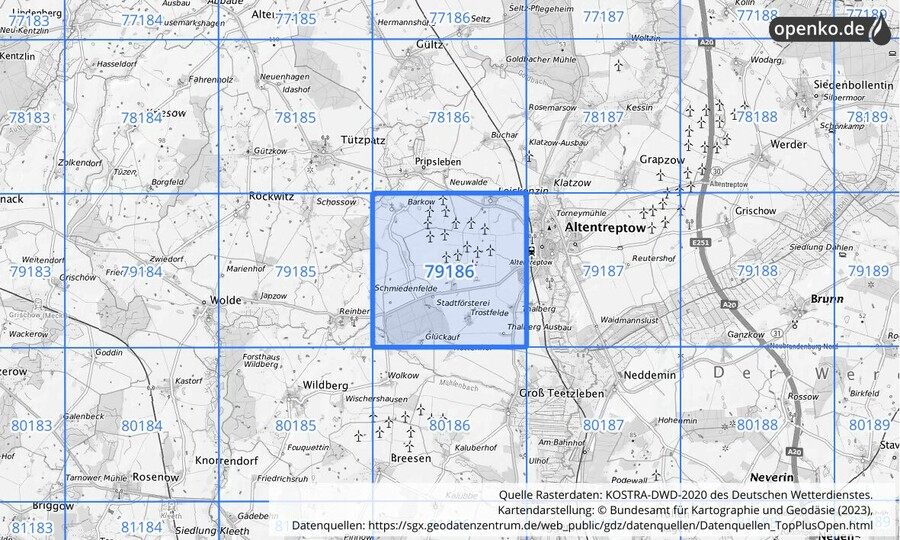 Übersichtskarte des KOSTRA-DWD-2020-Rasterfeldes Nr. 79186