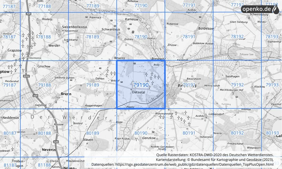 Übersichtskarte des KOSTRA-DWD-2020-Rasterfeldes Nr. 79190